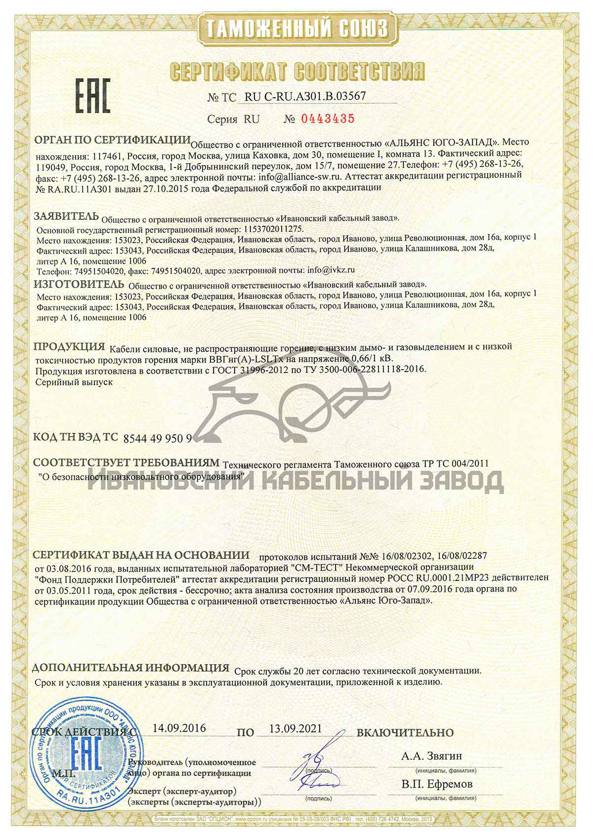 Сертификат на провод ВВГНГ 3х2.5